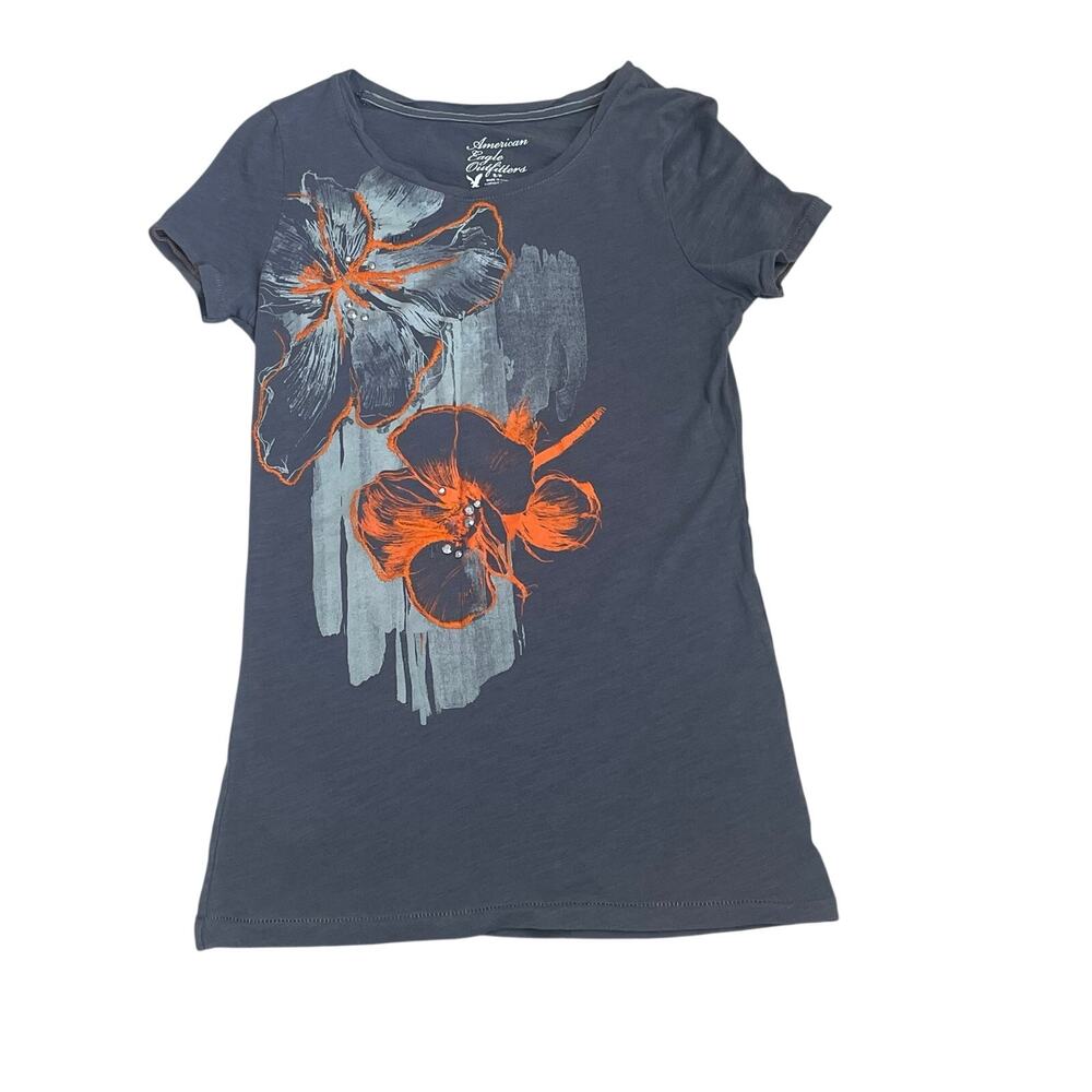 American Eagle Y2k Women’s Gray Floral Graphic Baby Tee Sz Small -Rhinestones